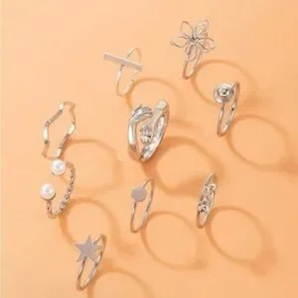 Silver Geometric 9pc Pearl Ring Set